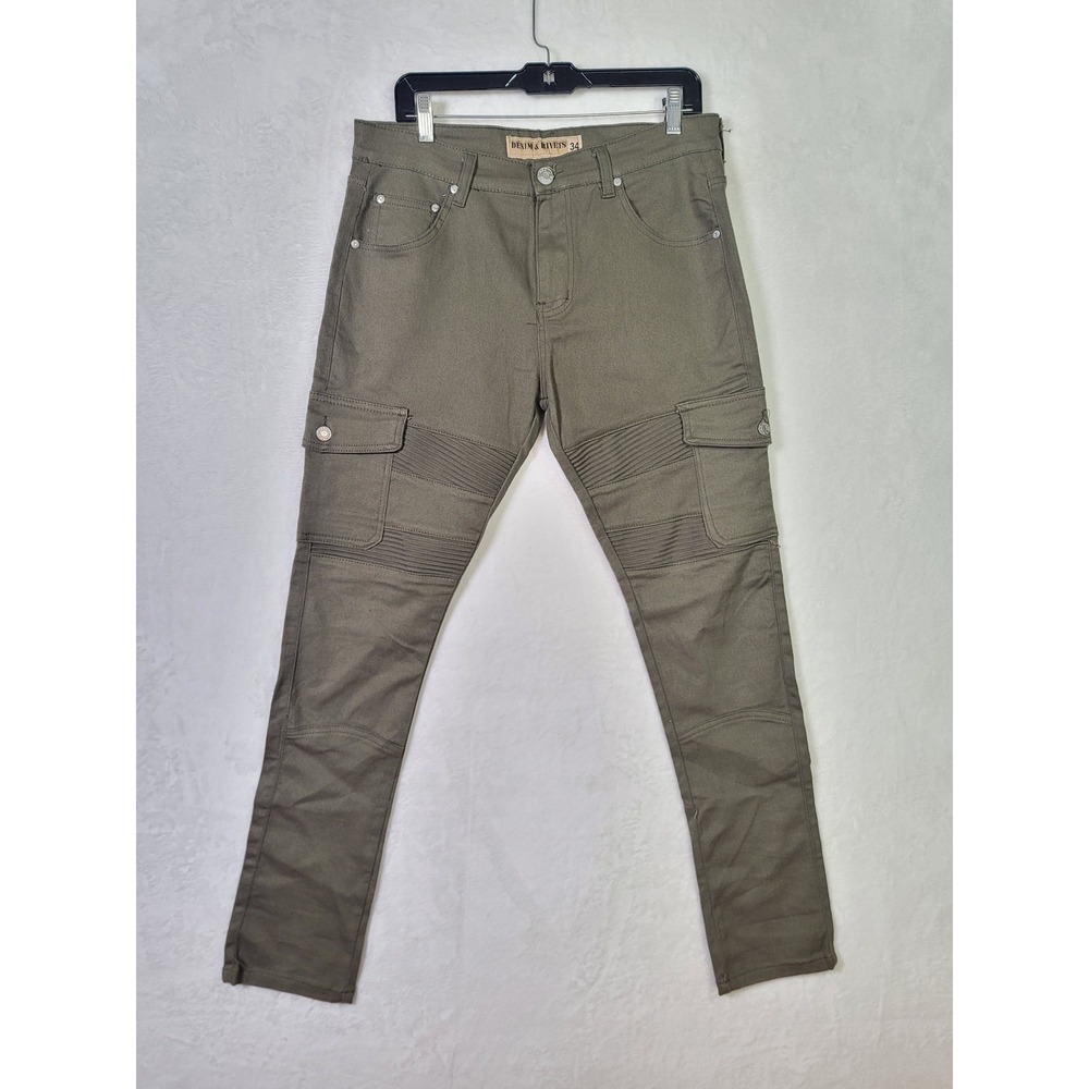 Denim & Rivets Y2K Olive Green Moto Cargo Pants Streetwear Slim Fit Size 36x31